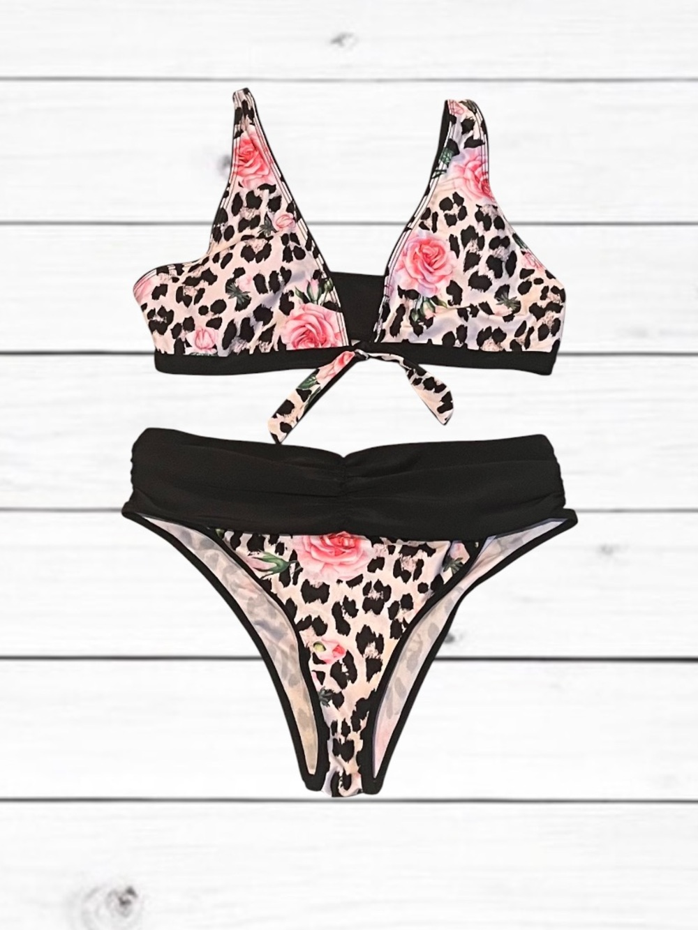 NEW Leopard Pink Rose Print Bikini High Waist Two Piece Swimsuit Size L